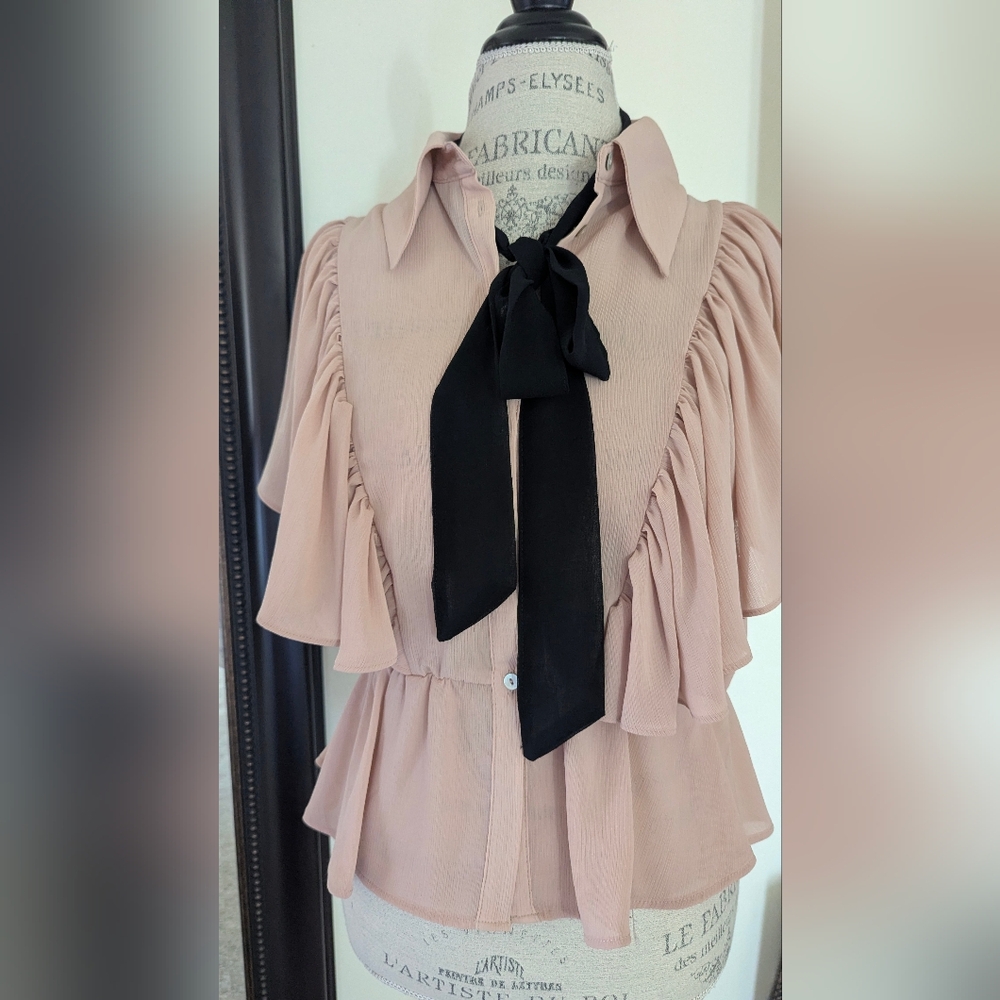 Elegant Pink Ruffle Blouse with Black Bow (Small)